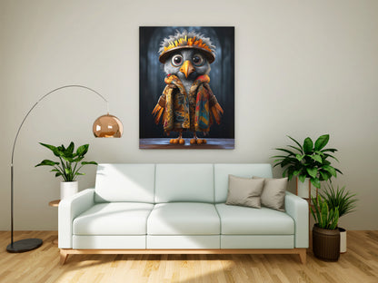 Whimsical Owl in Colorful Patterned Jacket - Canvas Painting