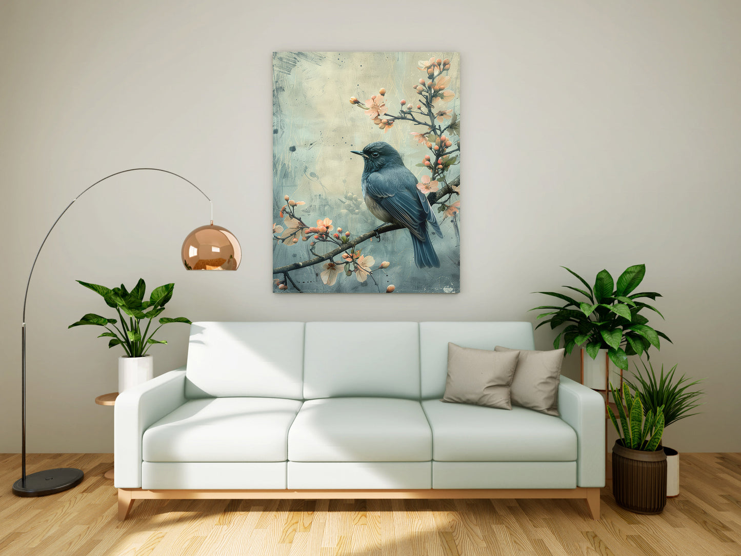 Vintage Blue Bird on Blossom Branch Canvas Painting