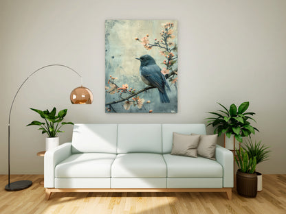 Vintage Blue Bird on Blossom Branch Canvas Painting