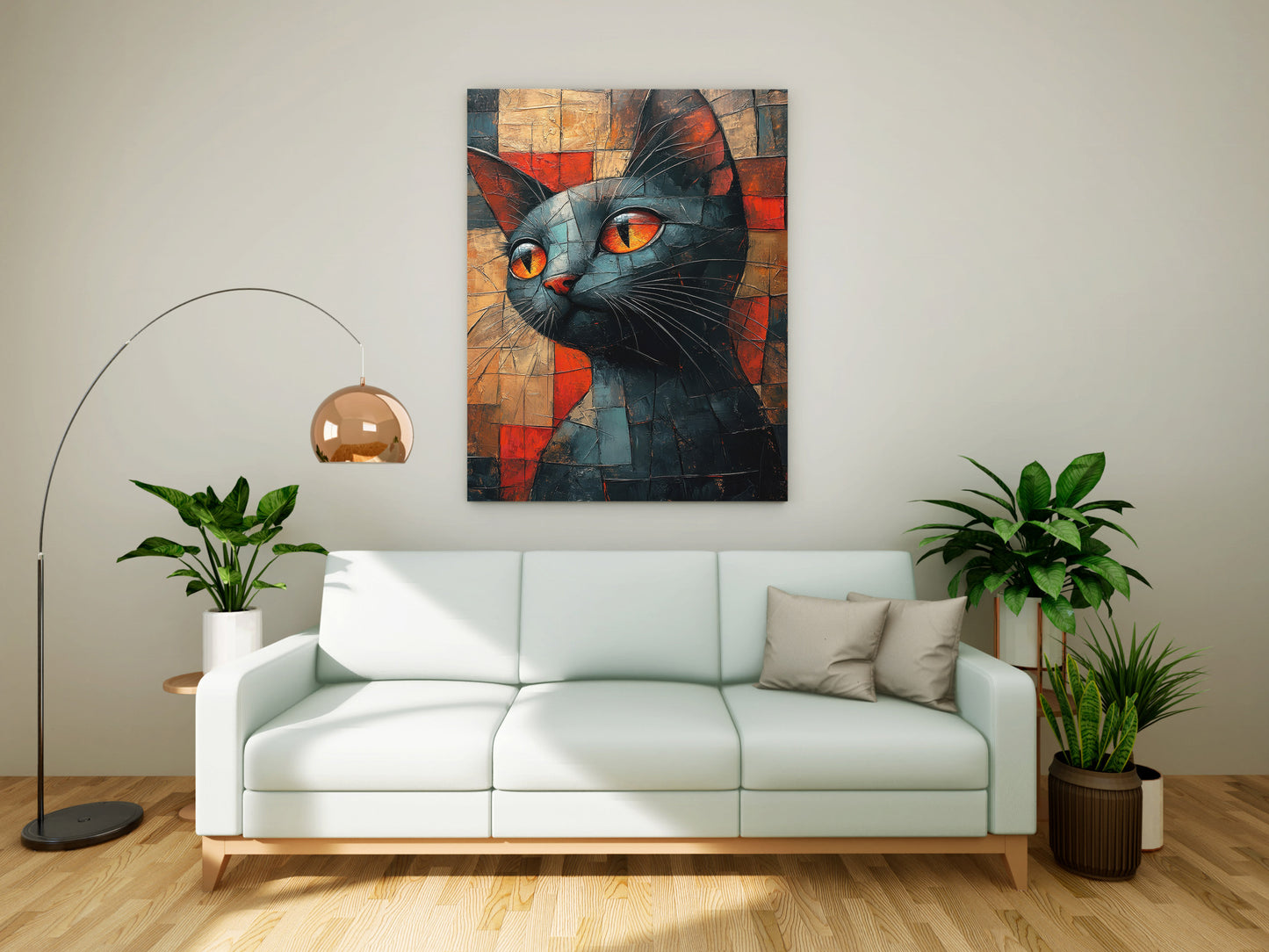 Abstract Cubist Cat Canvas Painting - Modern Geometric Wall Art