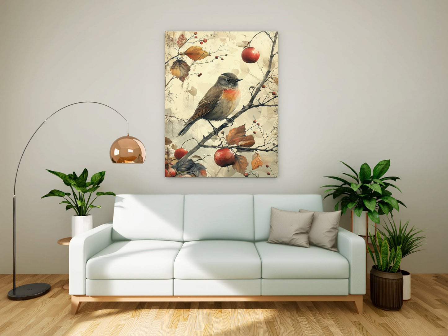 Vintage Autumn Robin & Berries - Rustic Canvas Wall Art