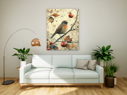 Vintage Autumn Robin & Berries - Rustic Canvas Wall Art