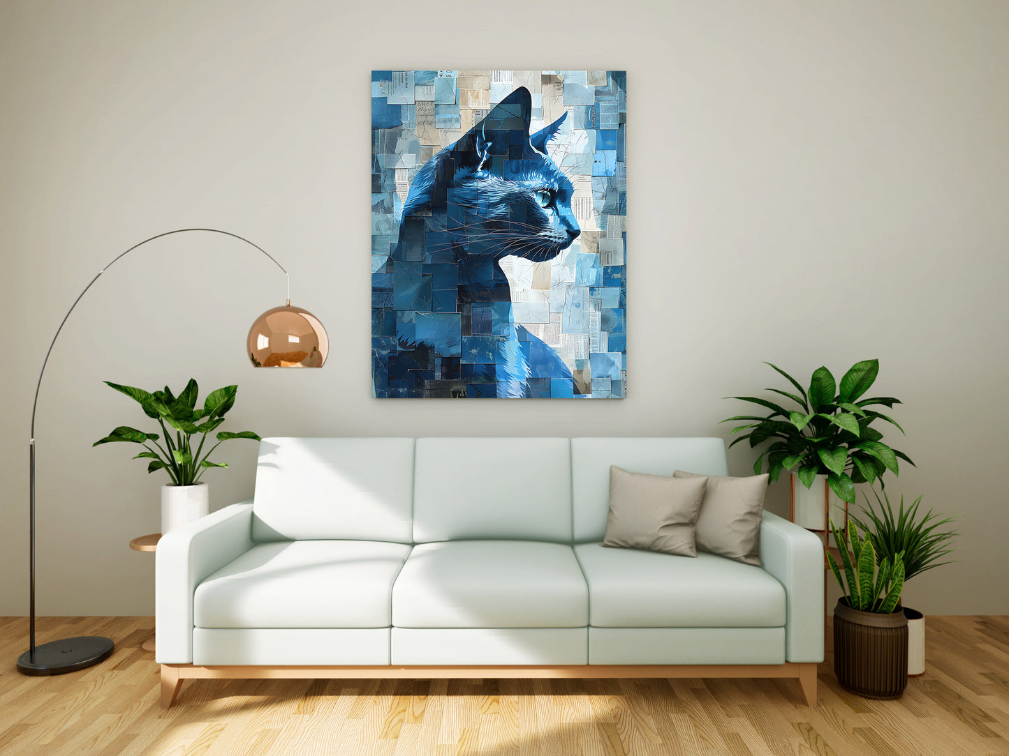Abstract Blue Cat Collage – Mixed Media Style Canvas Art