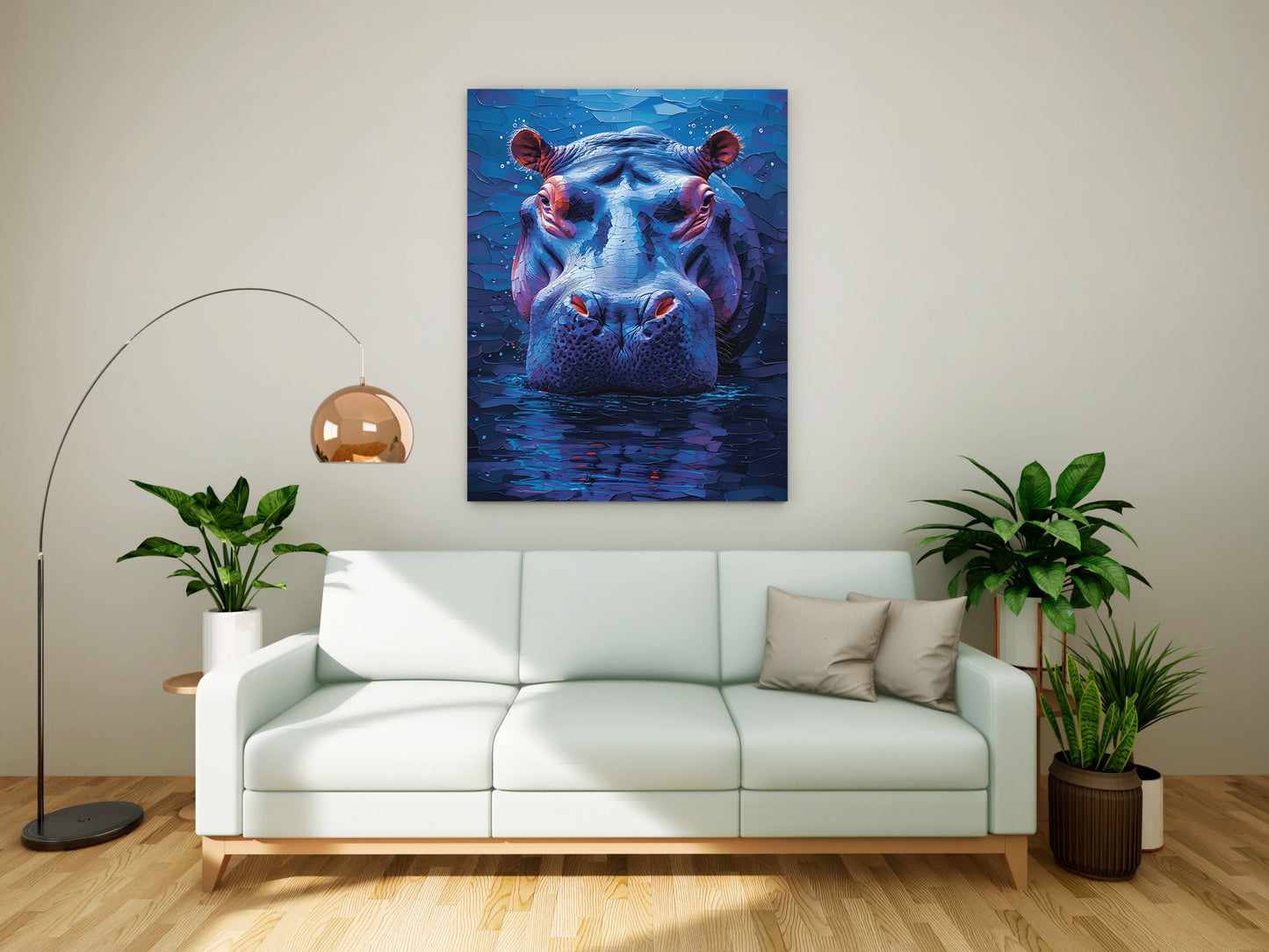 "Midnight Hippo: Textured Mosaic Canvas Painting"
