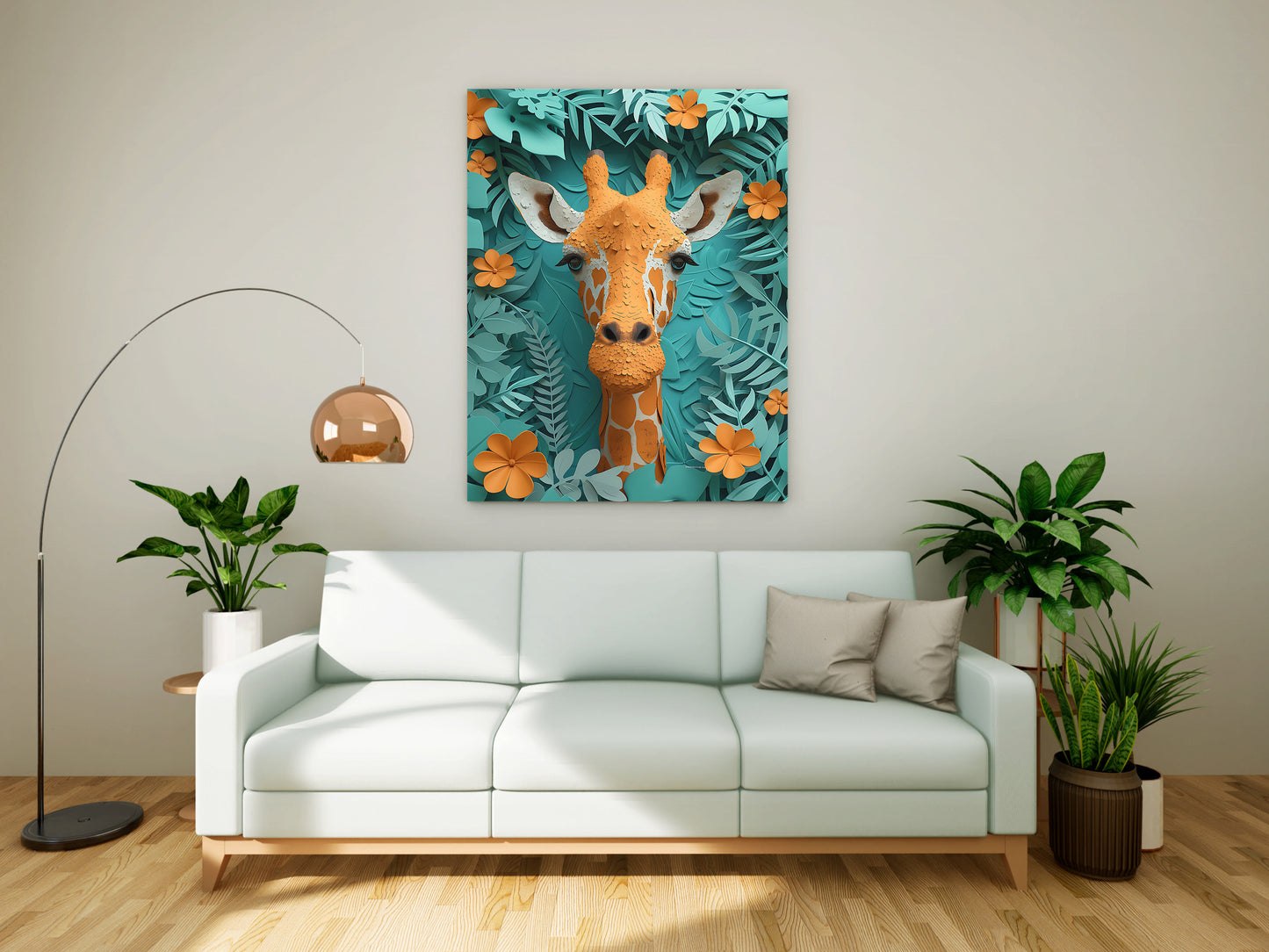 Whimsical Paper-Cut Style Giraffe Canvas Wall Art - Orange & Teal Jungle Decor