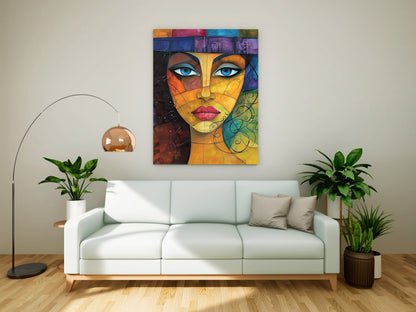 Vibrant Cubist Portrait: Abstract Woman's Face Canvas Painting