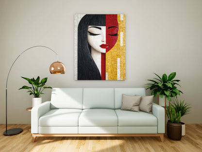 Abstract Split-Face Mosaic Woman Portrait – Black, Red, & Gold Canvas Wall Art