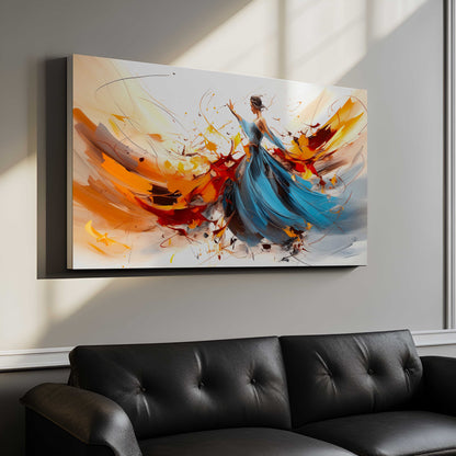 Abstract Woman in Blue Dress Canvas Art - Dynamic Motion Wall Decor - Vibrant Orange and Blue Expressive Painting for Modern Home