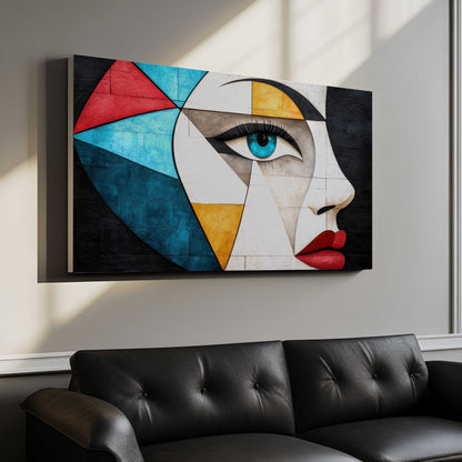 Modern Cubist Profile Canvas Art - Geometric Face Wall Decor - Abstract Blue Eye & Red Lips Print
