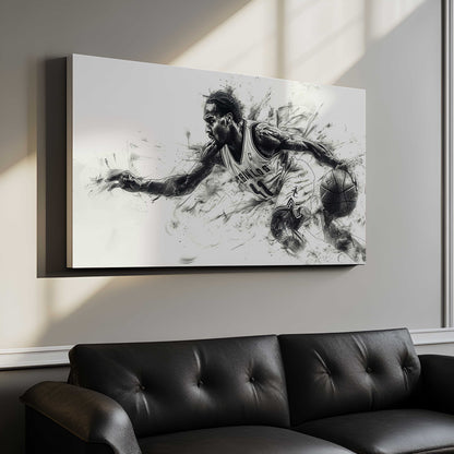 Dynamic Basketball Player Action Art - Charcoal Sketch Style Canvas Print - Modern Sports Wall Decor for Man Cave, Office, or Gym