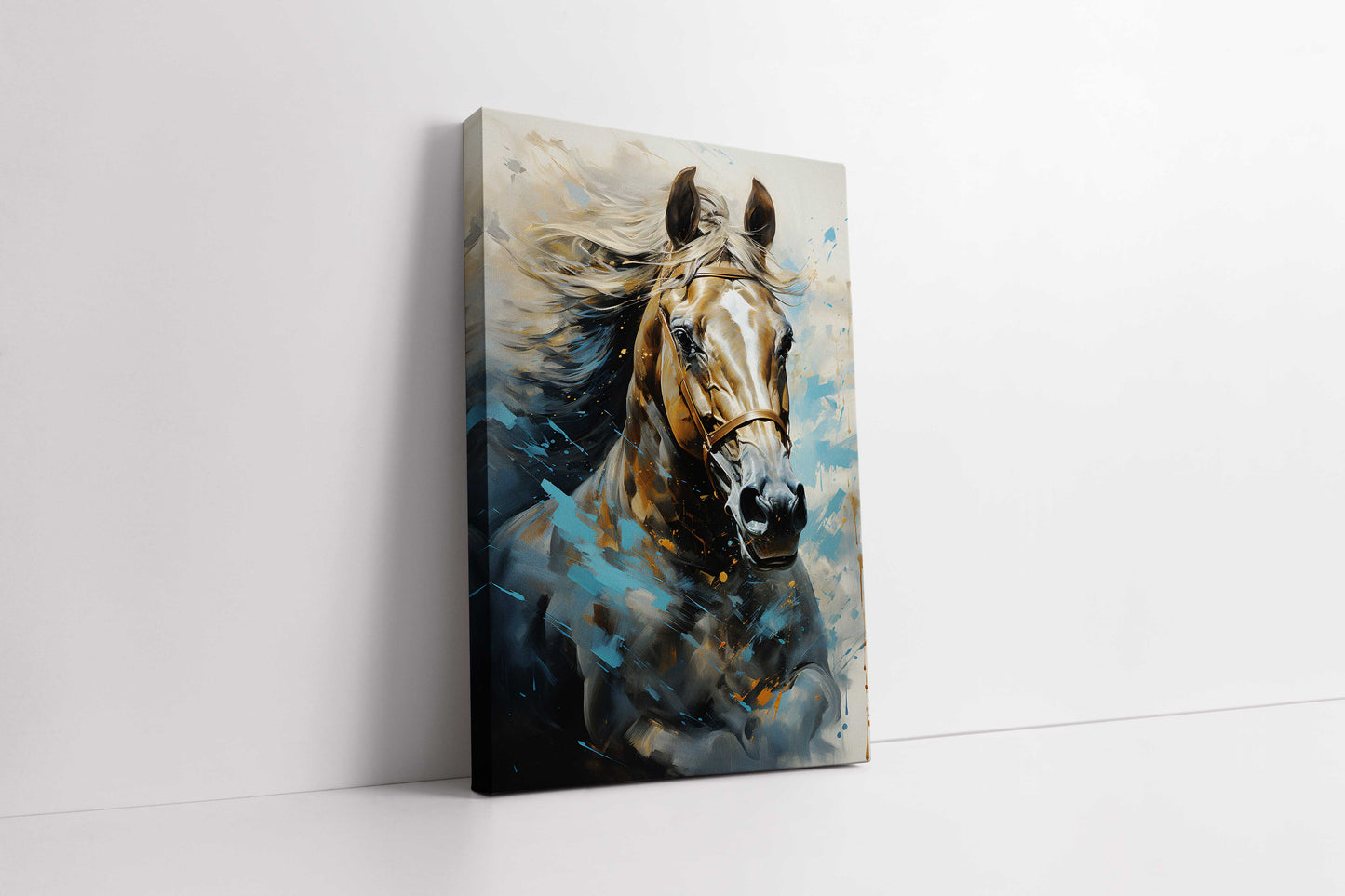 Dynamic Elegance: Golden and Blue Abstract Horse Canvas Painting