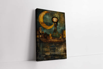Whimsical Moon Maiden & Floating Town - Folk Art Canvas Painting