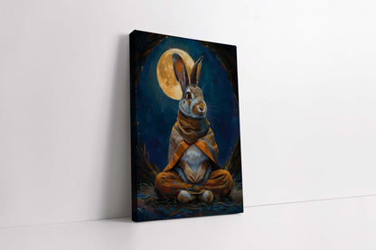Meditating Hare Under Full Moon – Fantasy Animal Canvas Print