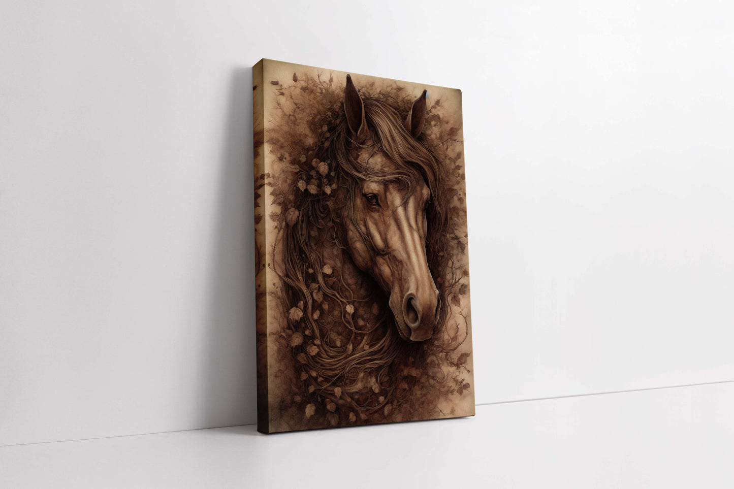 "Forest Spirit" – Rustic Sepia Horse with Botanical Mane Canvas Wall Art
