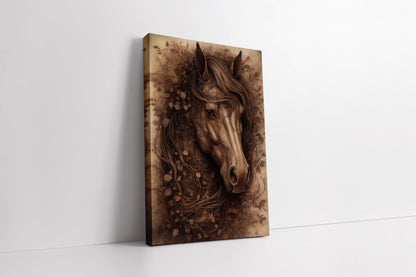 "Forest Spirit" – Rustic Sepia Horse with Botanical Mane Canvas Wall Art