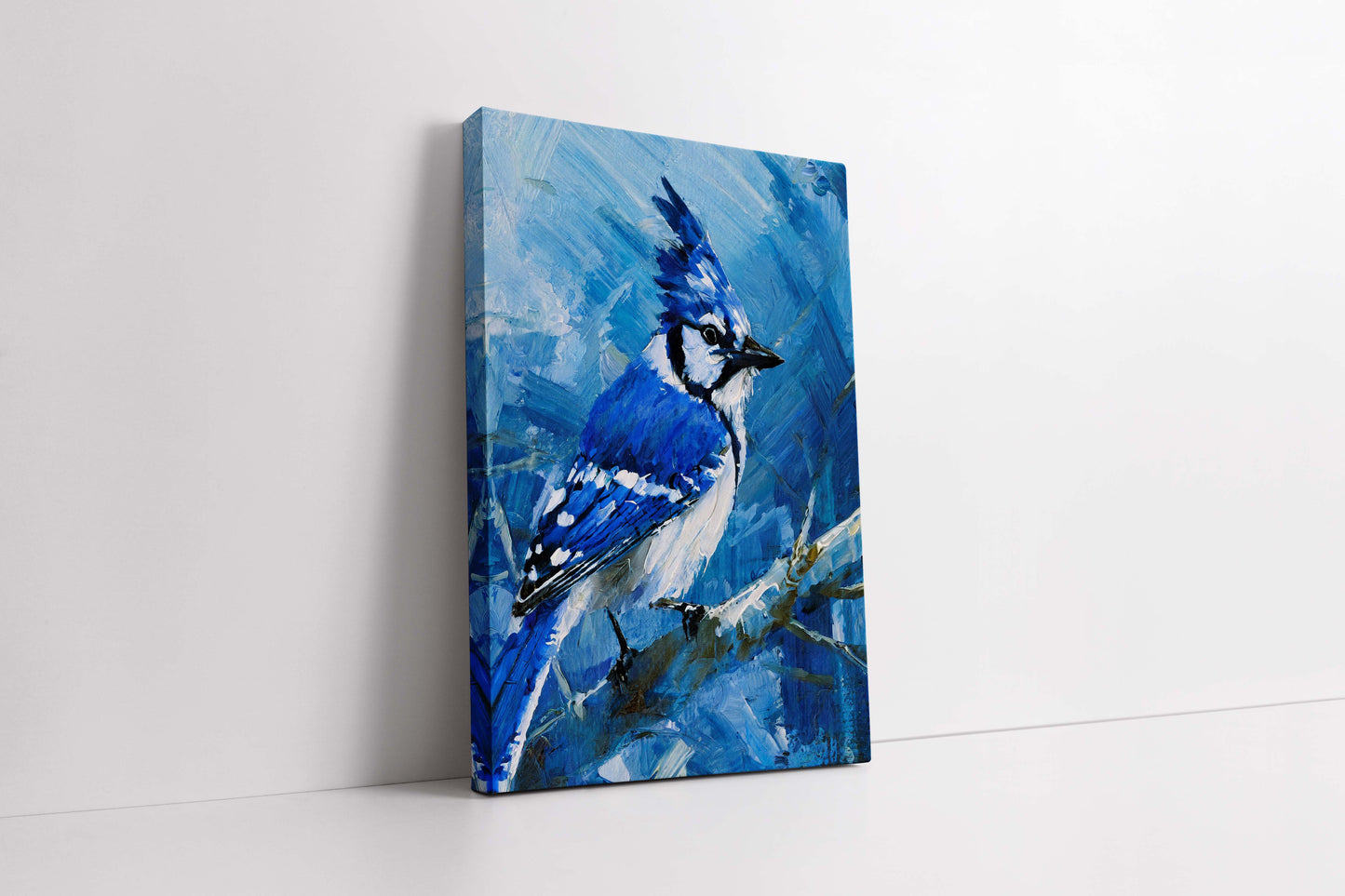 Impasto Blue Jay on a Winter Branch - Textured Canvas Painting