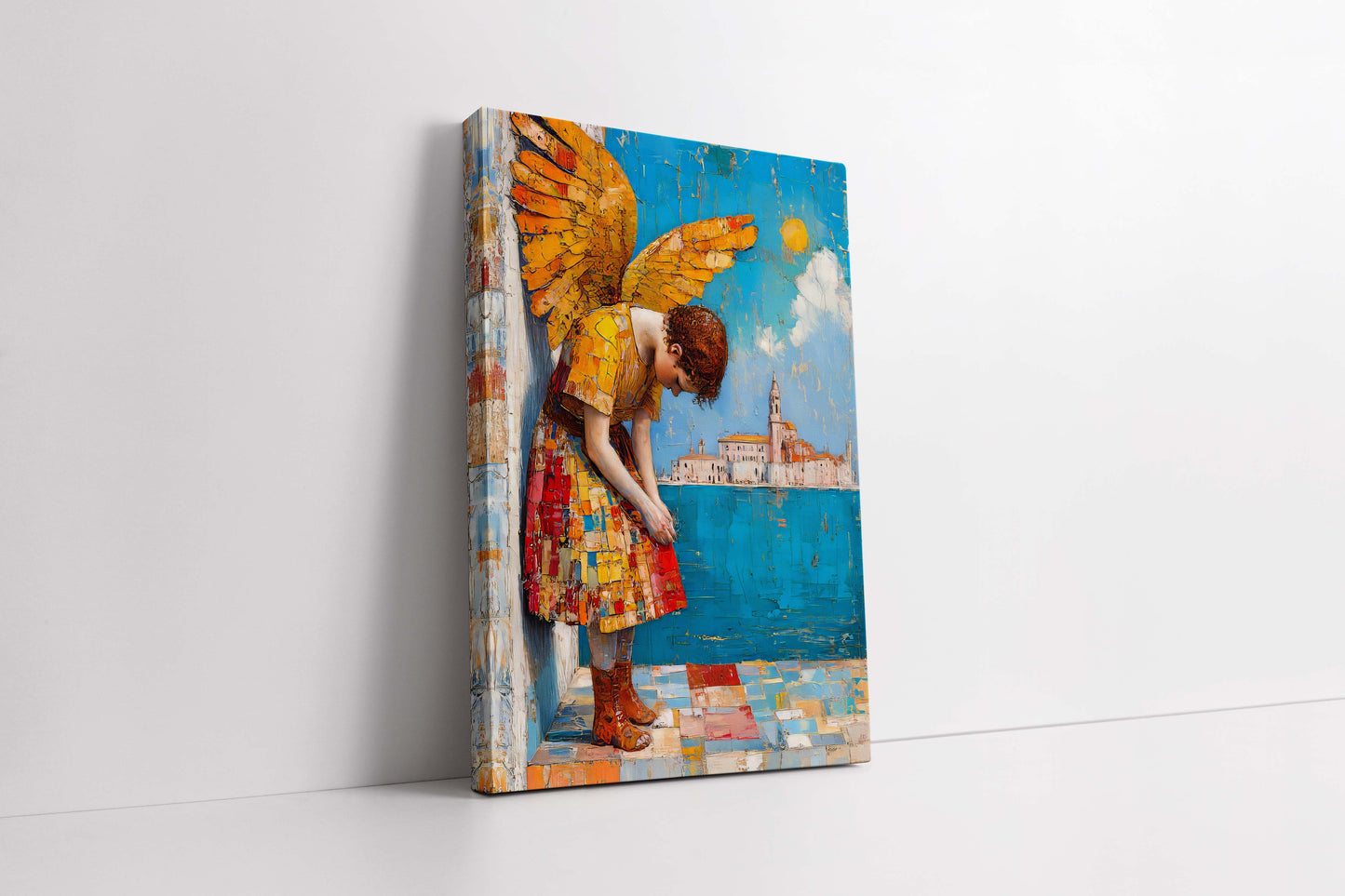 "The Contemplative Angel" - Heavily Textured Golden Wings Canvas Painting