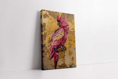 "The Gilded Galah" – Textured Pink Cockatoo & Abstract Gold Leaf Canvas Painting