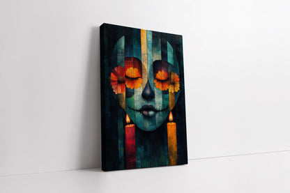 Mystic Calavera: Abstract Día de los Muertos Canvas Painting with Marigolds & Candles