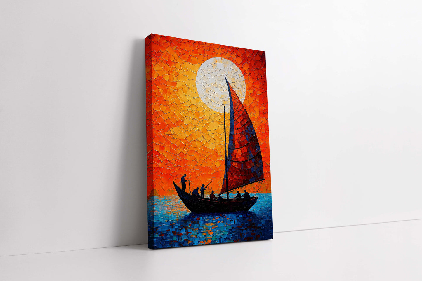 Fiery Sunset Sailboat – Textured Impasto Palette Knife Oil Painting on Canvas