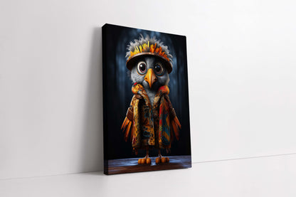 Whimsical Owl in Colorful Patterned Jacket - Canvas Painting