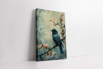 Vintage Blue Bird on Blossom Branch Canvas Painting