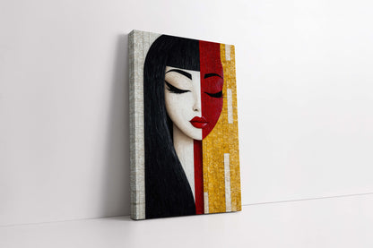Abstract Split-Face Mosaic Woman Portrait – Black, Red, & Gold Canvas Wall Art