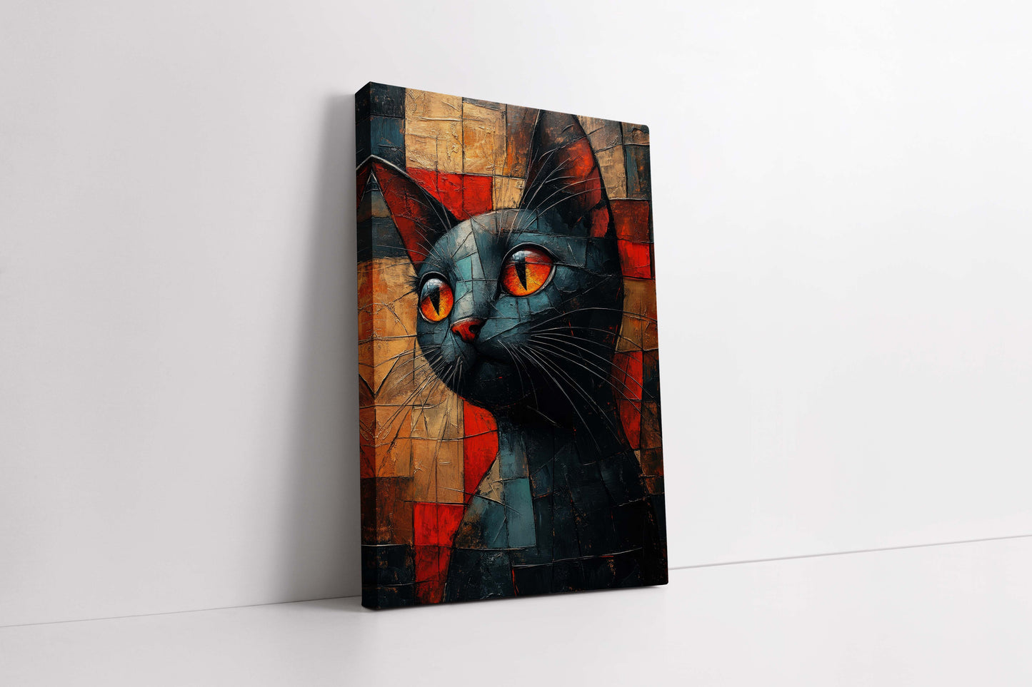 Abstract Cubist Cat Canvas Painting - Modern Geometric Wall Art