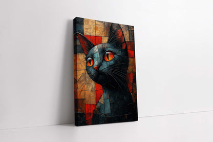 Abstract Cubist Cat Canvas Painting - Modern Geometric Wall Art