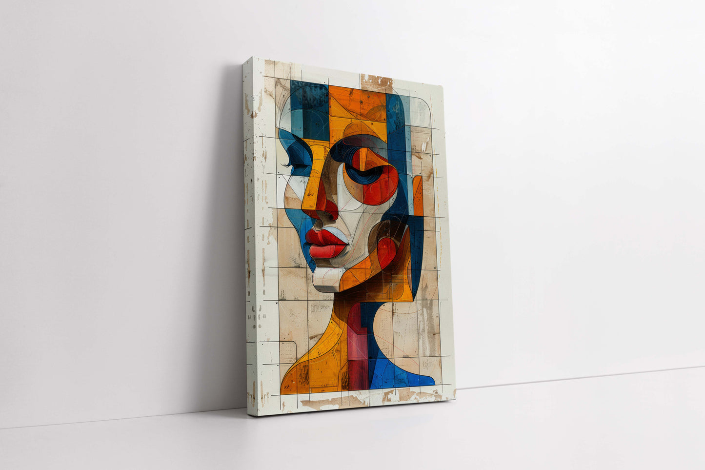 Architectural Abstract Face Canvas Painting - Geometric Cubist Portrait Wall Art