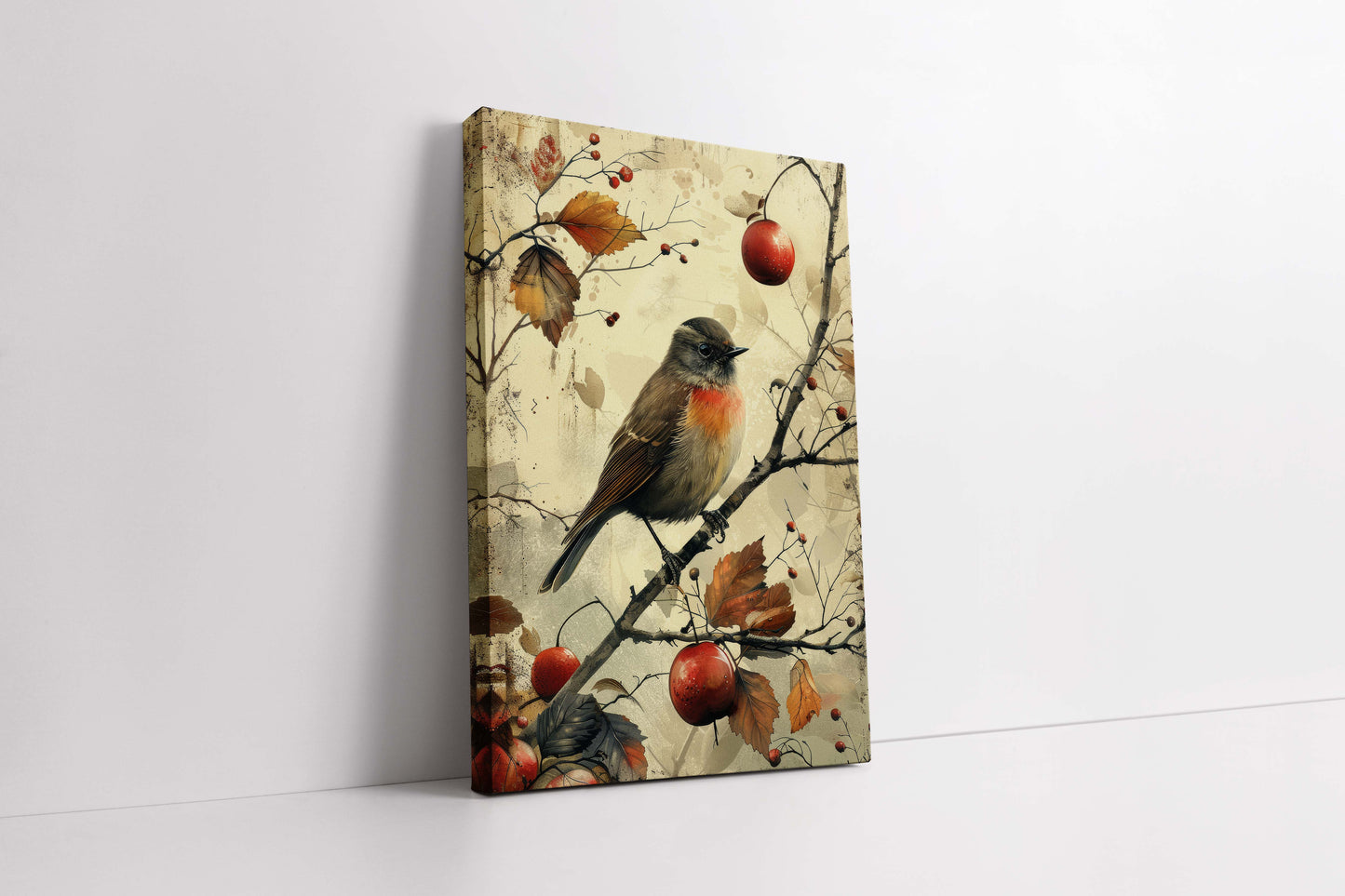 Vintage Autumn Robin & Berries - Rustic Canvas Wall Art