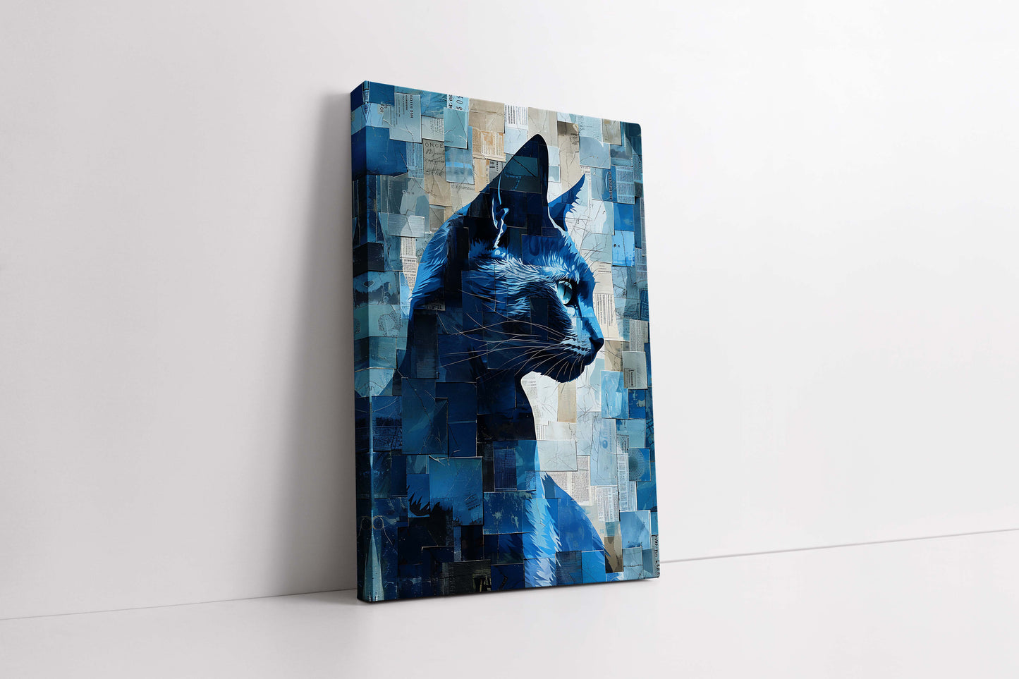 Abstract Blue Cat Collage – Mixed Media Style Canvas Art