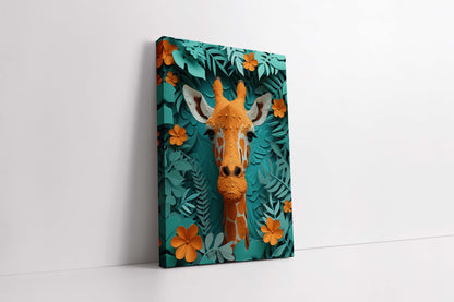 Whimsical Paper-Cut Style Giraffe Canvas Wall Art - Orange & Teal Jungle Decor
