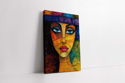 Vibrant Cubist Portrait: Abstract Woman's Face Canvas Painting