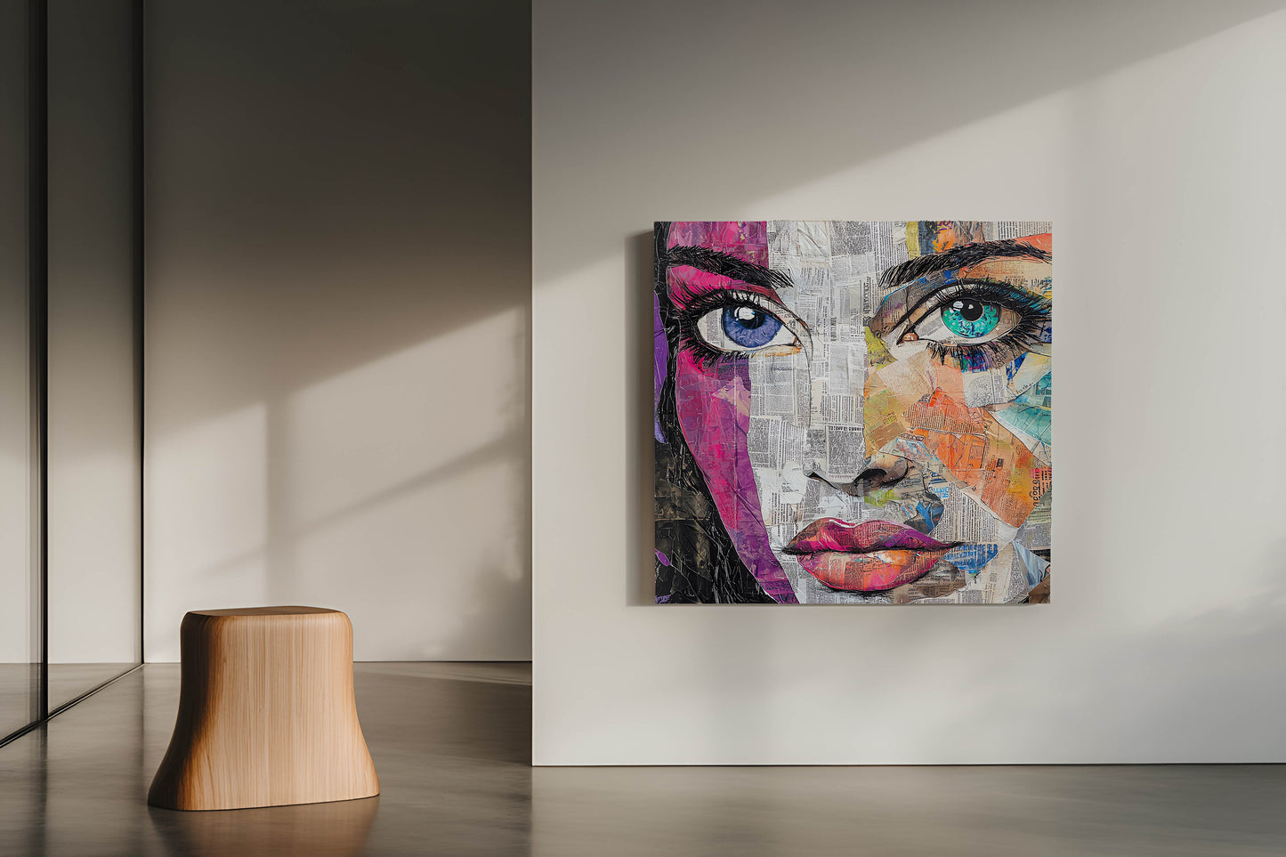 Vibrant Newspaper Collage Woman's Portrait Canvas Painting