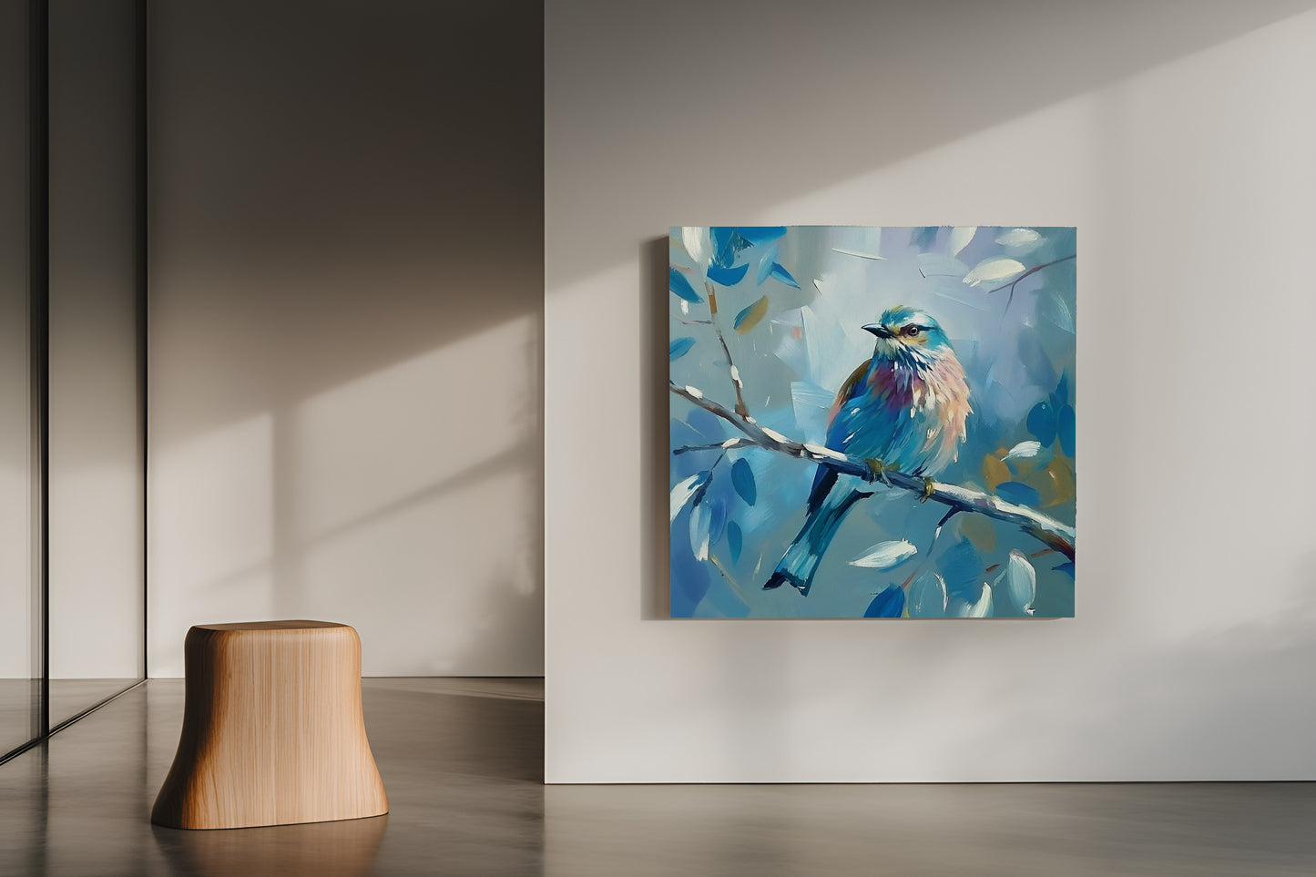Vibrant Blue Roller Bird on Branch - Textured Impressionist Canvas Wall Art