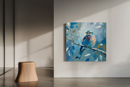 Vibrant Blue Roller Bird on Branch - Textured Impressionist Canvas Wall Art