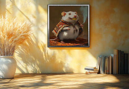 The Grand Vizier Mouse Canvas Art - Quirky White Rat Portrait in Ornate Robe - Whimsical Smoking Mouse Wall Decor