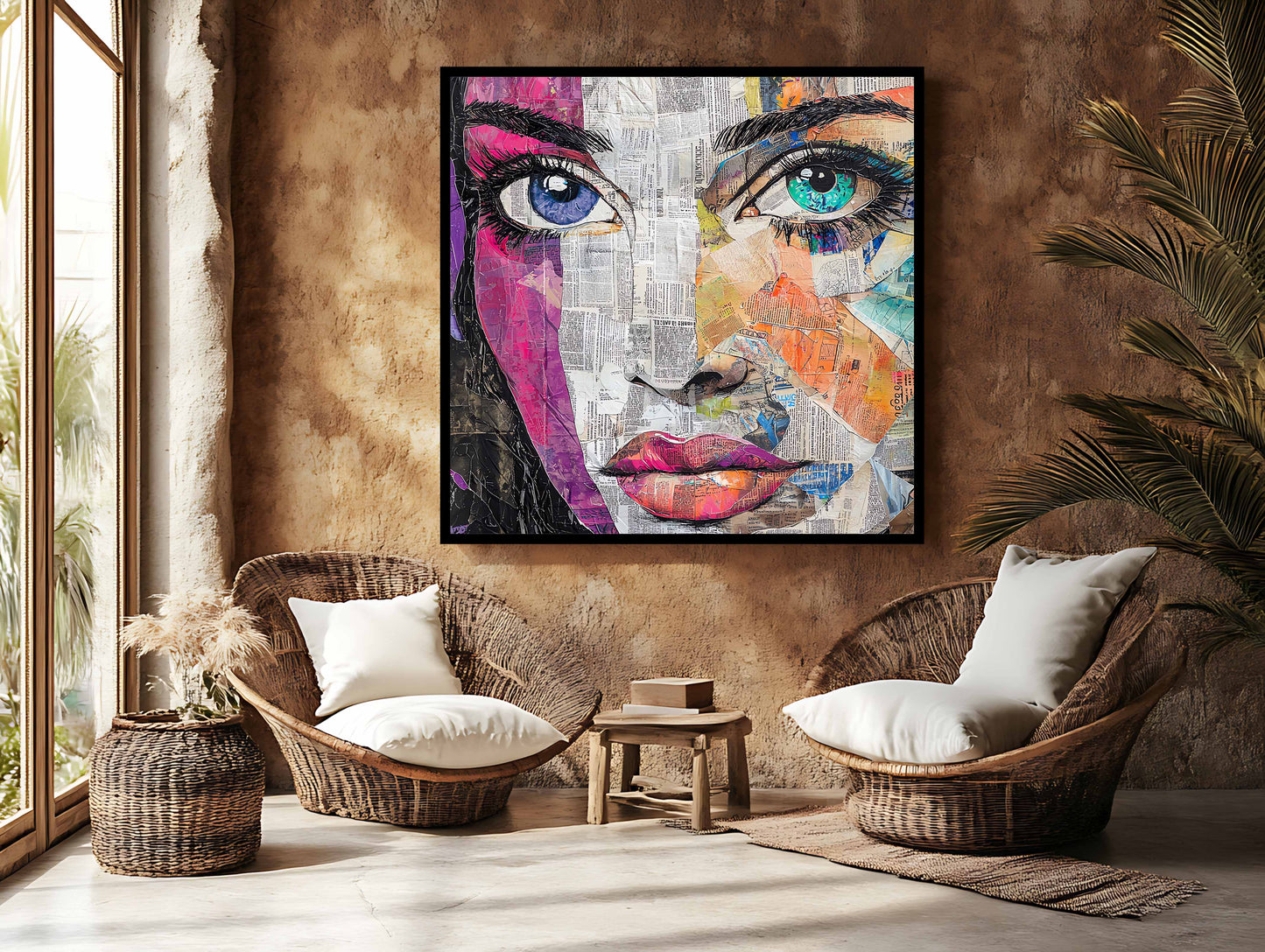 Vibrant Newspaper Collage Woman's Portrait Canvas Painting