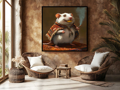 The Grand Vizier Mouse Canvas Art - Quirky White Rat Portrait in Ornate Robe - Whimsical Smoking Mouse Wall Decor