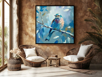 Vibrant Blue Roller Bird on Branch - Textured Impressionist Canvas Wall Art