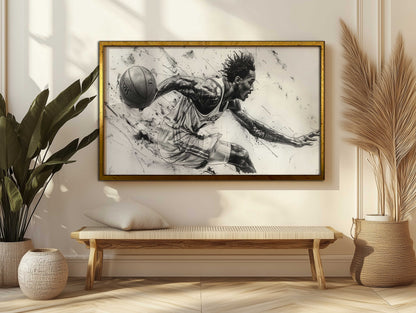 Dynamic Drive: Black & White Basketball Player Charcoal Canvas Art