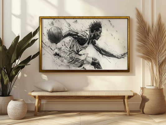 Dynamic Drive: Black & White Basketball Player Charcoal Canvas Art