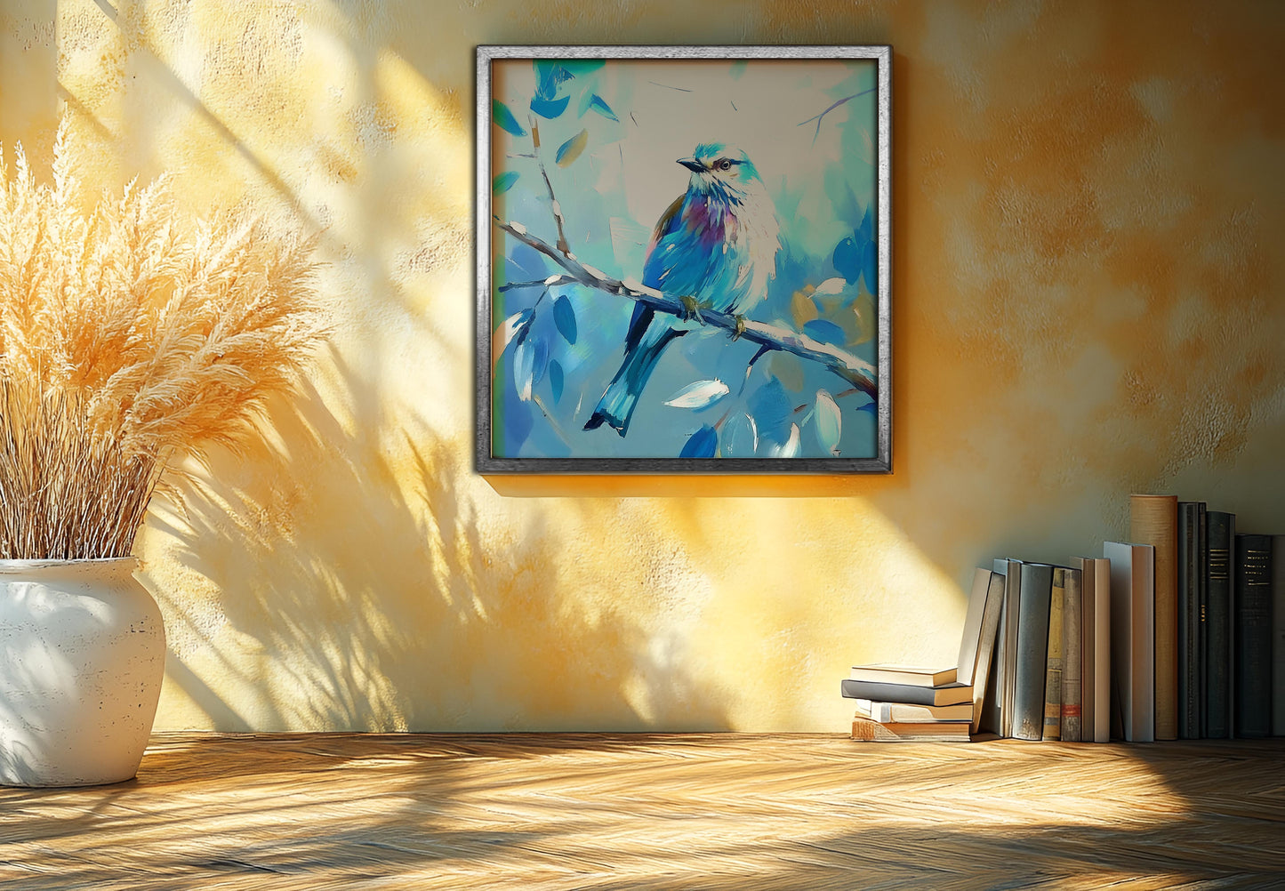 Vibrant Blue Roller Bird on Branch - Textured Impressionist Canvas Wall Art