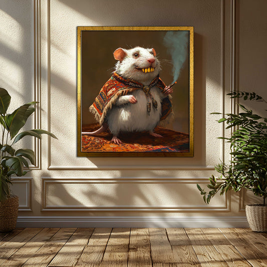 The Grand Vizier Mouse Canvas Art - Quirky White Rat Portrait in Ornate Robe - Whimsical Smoking Mouse Wall Decor