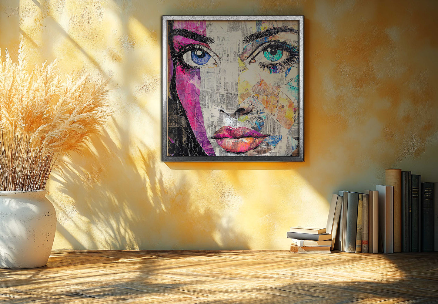 Vibrant Newspaper Collage Woman's Portrait Canvas Painting