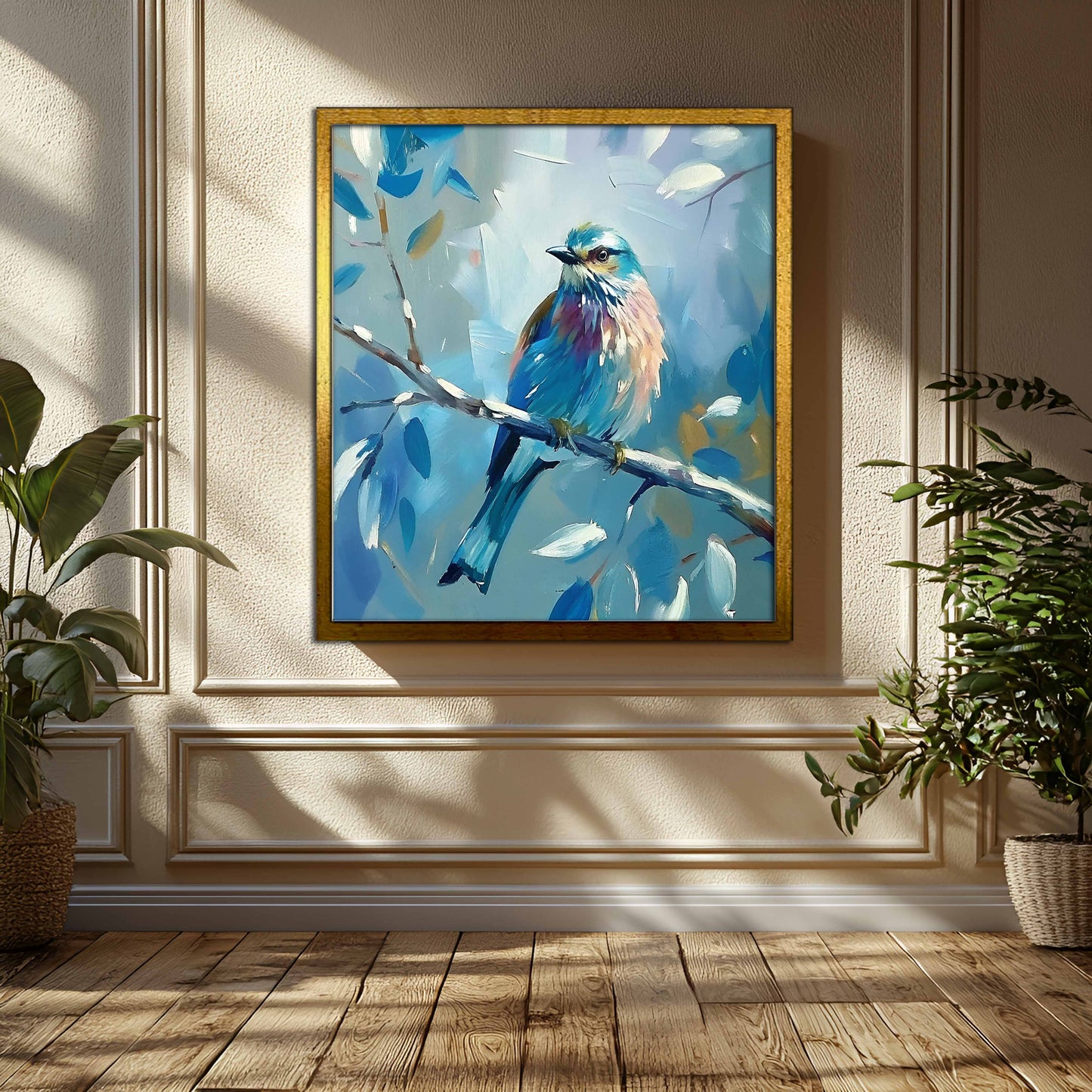 Vibrant Blue Roller Bird on Branch - Textured Impressionist Canvas Wall Art