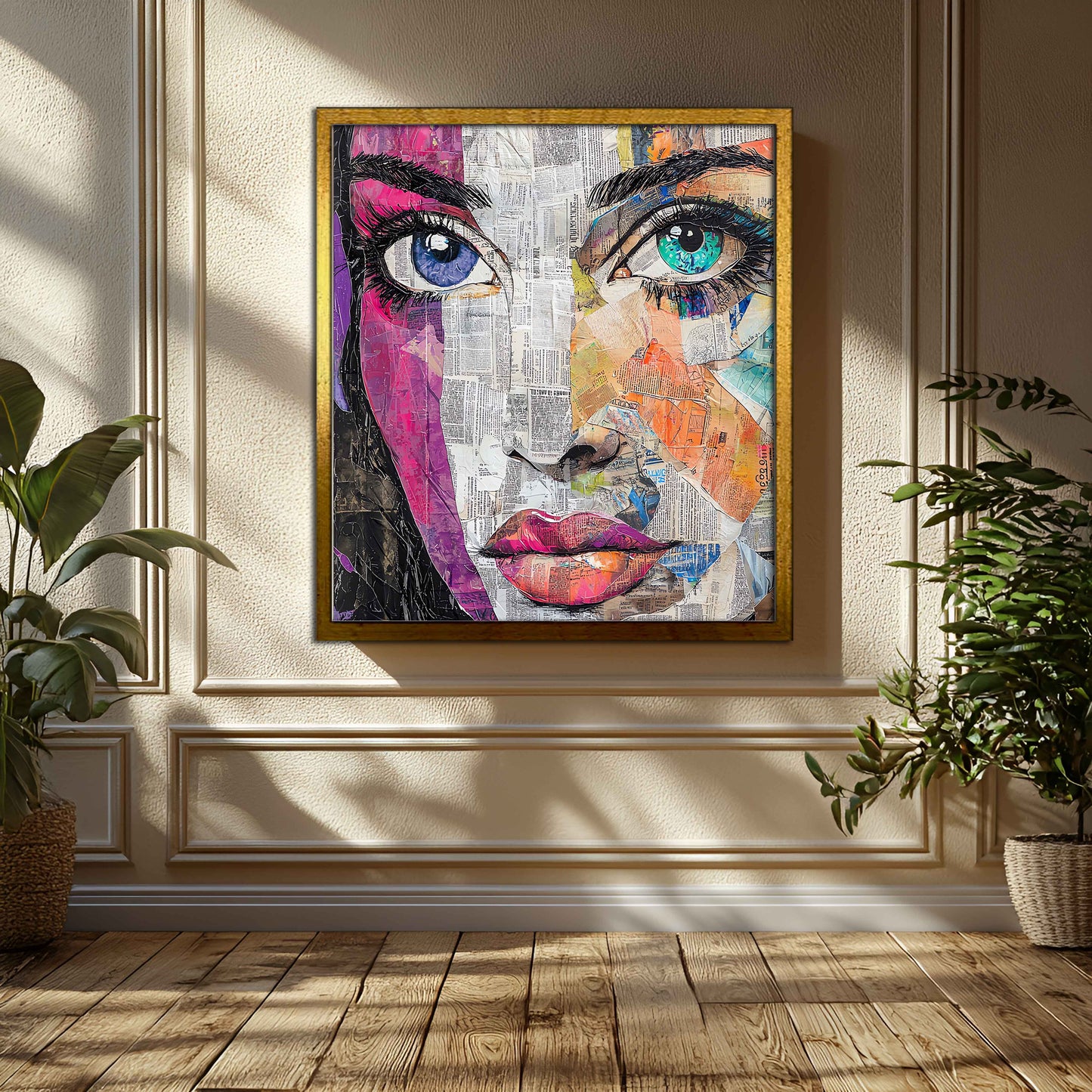 Vibrant Newspaper Collage Woman's Portrait Canvas Painting
