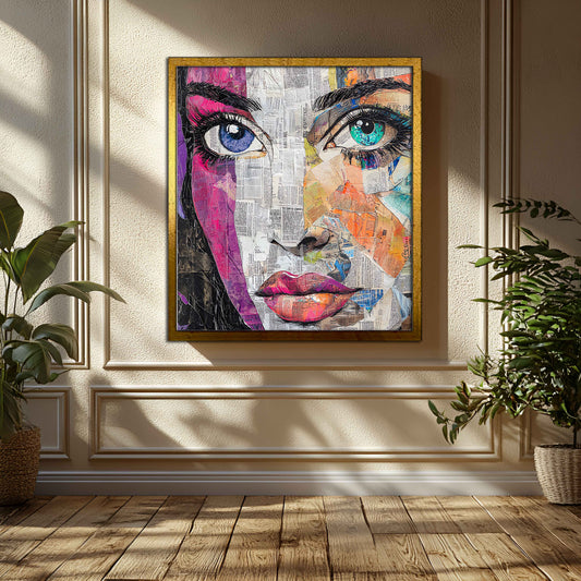 Vibrant Newspaper Collage Woman's Portrait Canvas Painting