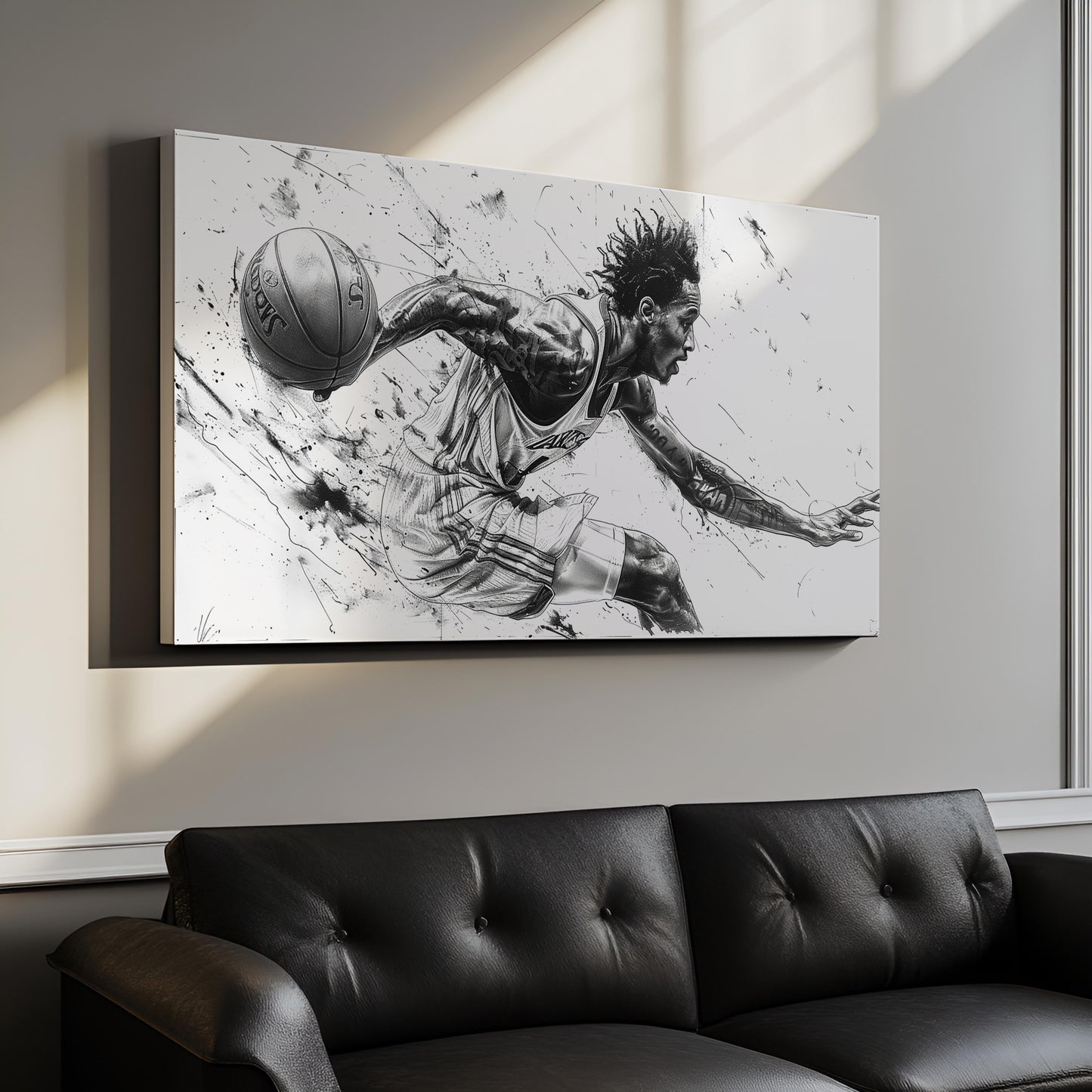 Dynamic Drive: Black & White Basketball Player Charcoal Canvas Art